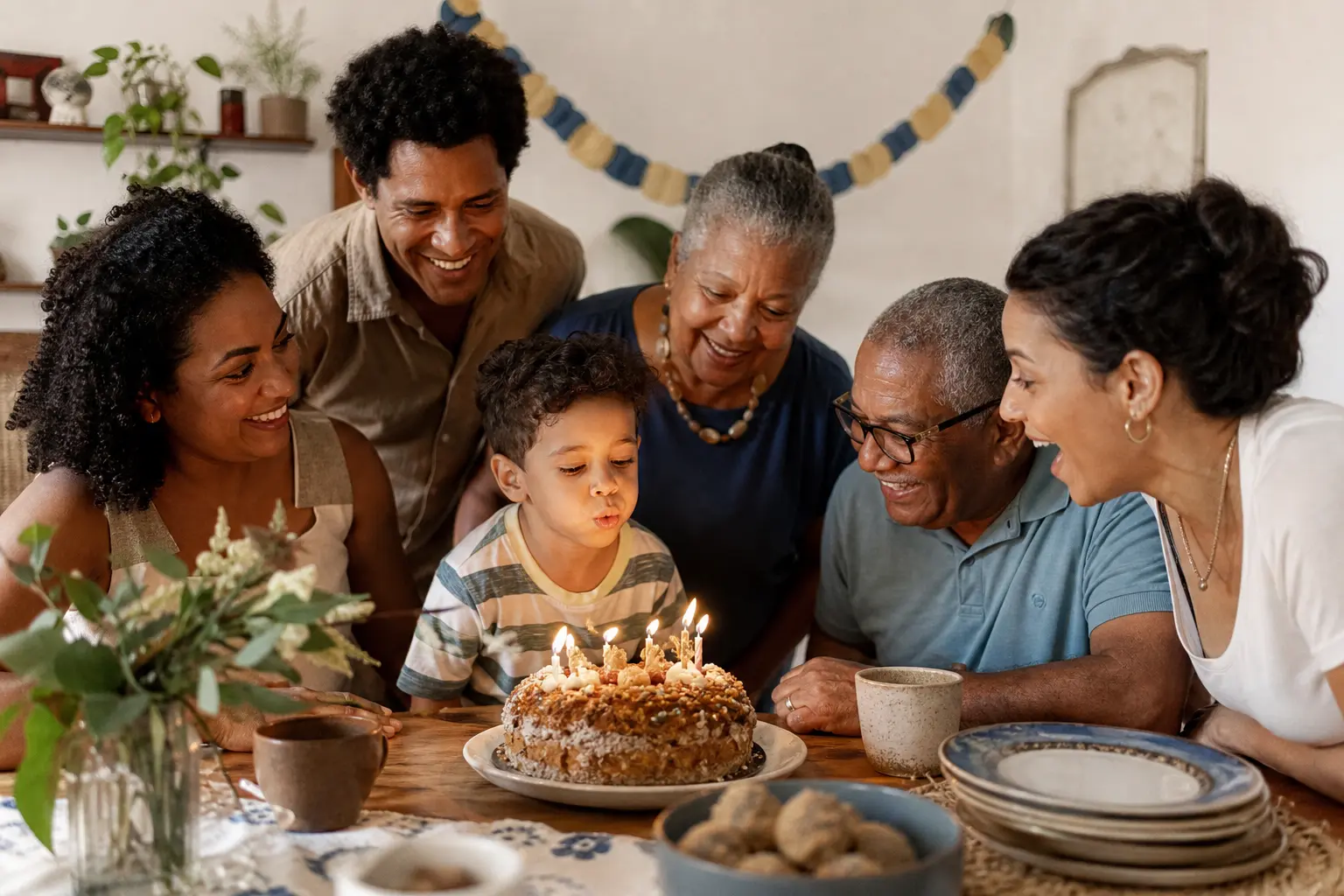 Família reunida enquanto uma criança apaga as velas do bolo de aniversário